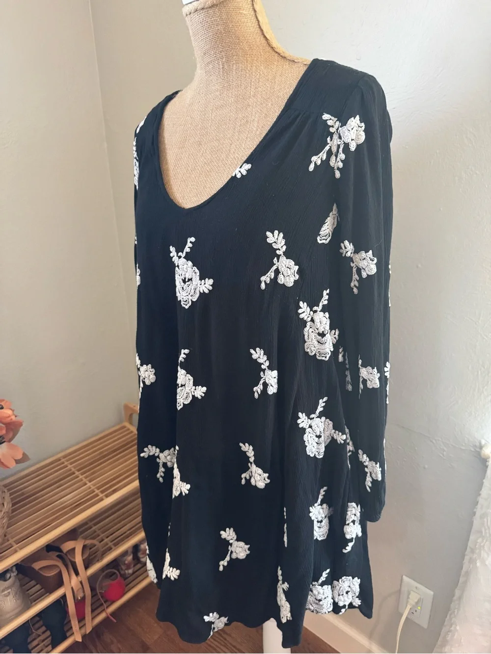 Free People Black Mini Dress with White Floral Embroidery